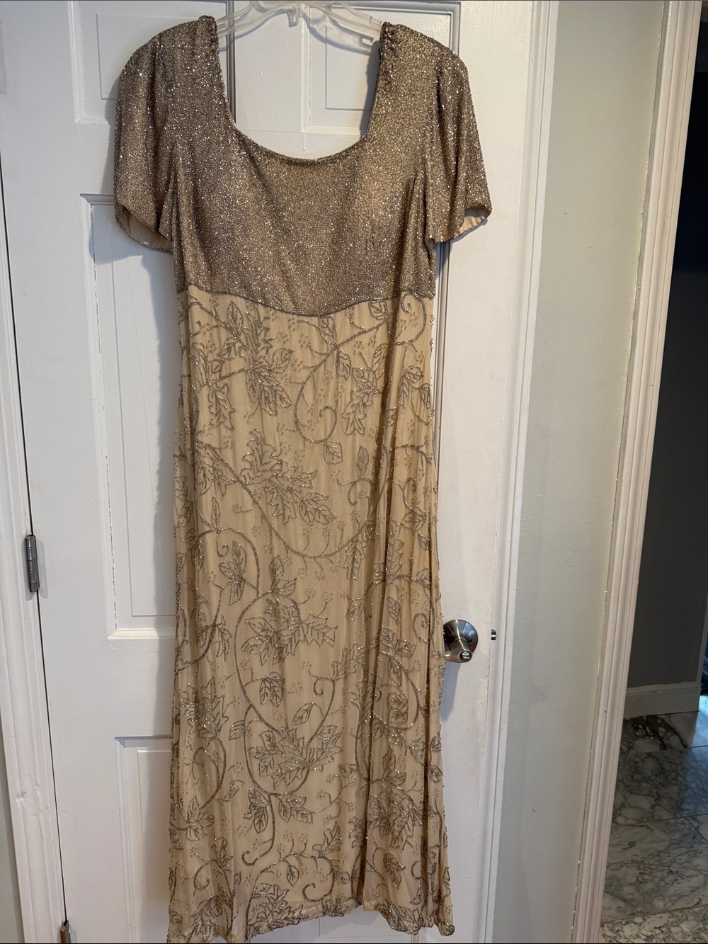 Gold Sparkle Maxi Dress with Embroidered Skirt